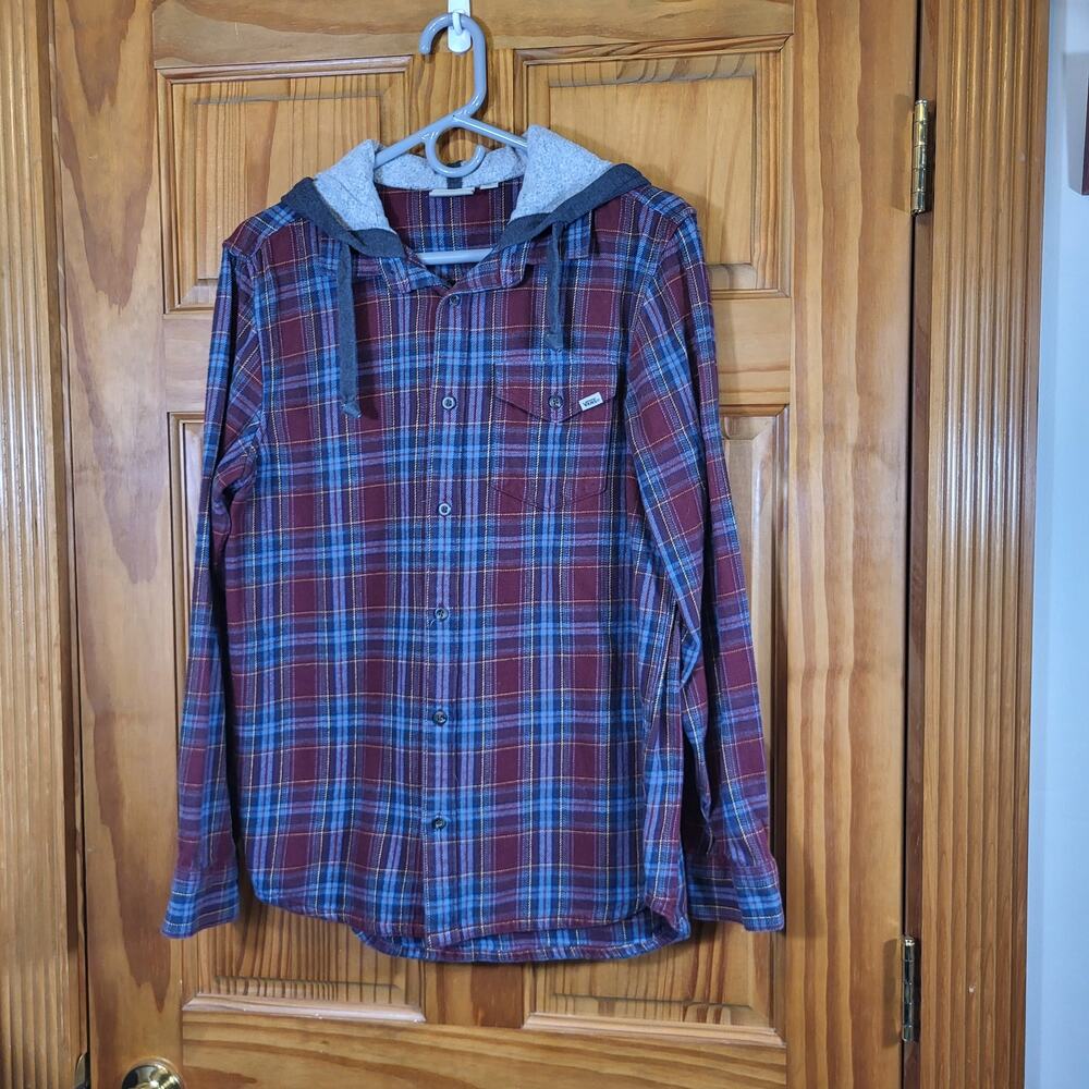 Vans Lopes hooded button-down flannel shirt in blues color scheme size small